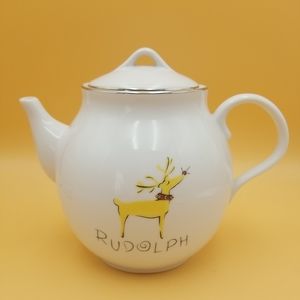 Retired POTTERY BARN Santa's REINDEER (Rudolph) 8 Cups Porcelain Teapot MINT!